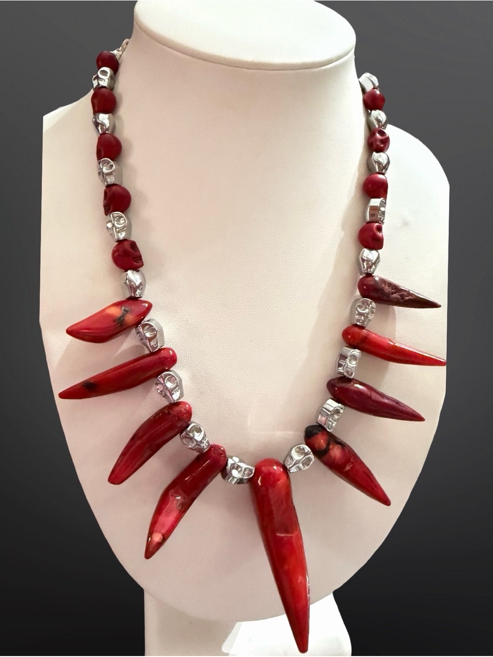 Artisan Red Coral Chili Pepper Hematite & Magnesite Skull Statement Necklace